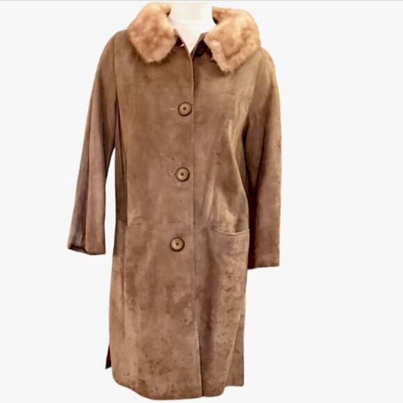 VTG 1960s Women's Suede Coat Mink Fur Collar Sz 10 Camel/Tan #265F - Picture 2 of 9